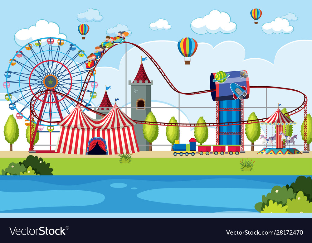 Amusement park scene with many rides Royalty Free Vector