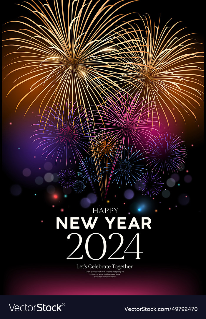 Fireworks colorful happy new year 2024 poster Vector Image