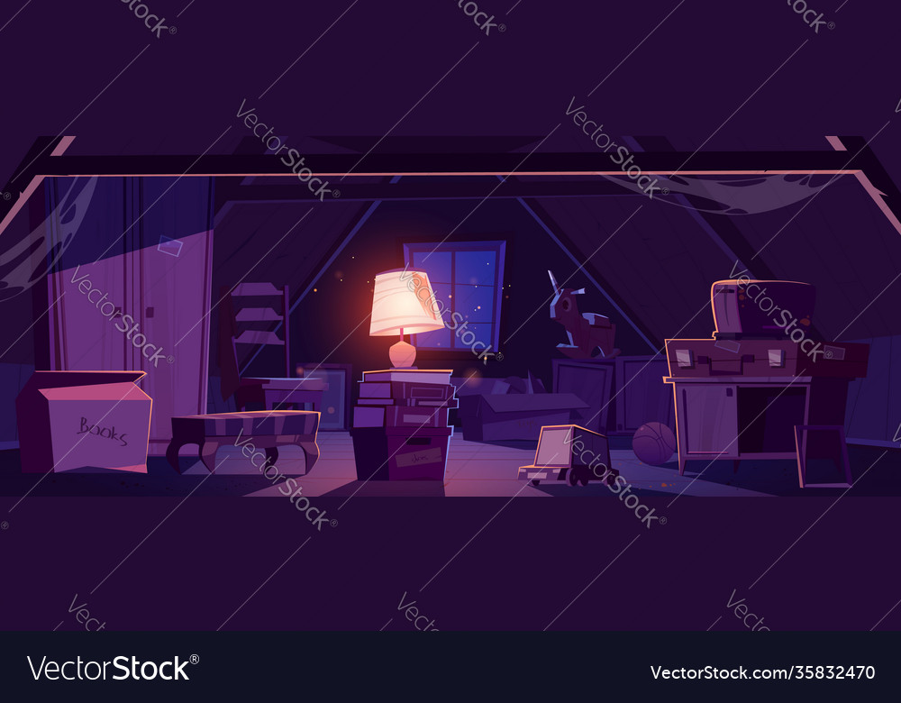 House attic at night with old furniture and lamp Vector Image