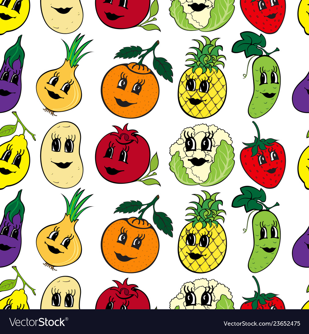 Set of 10 funny cartoon vegetables and fruit