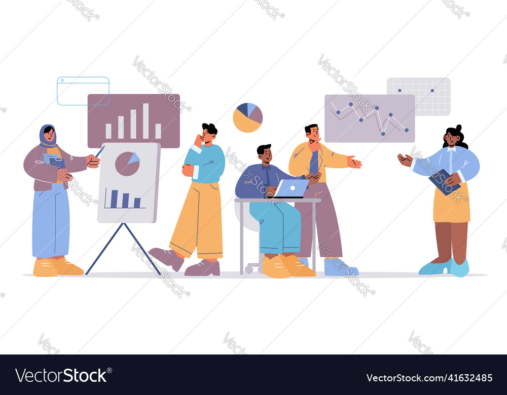 Diverse people team work with analytic data Vector Image