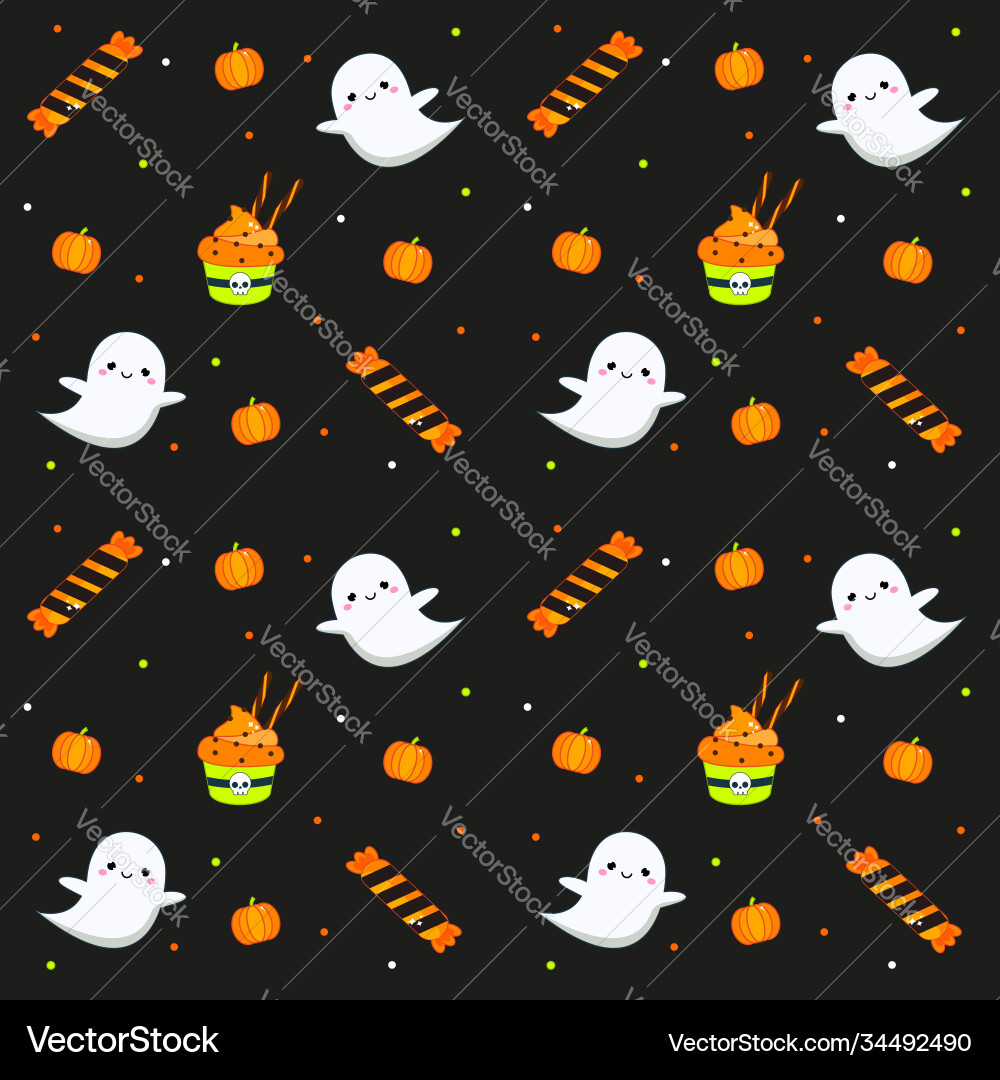 Halloween seamless pattern with ghosts and sweets Vector Image