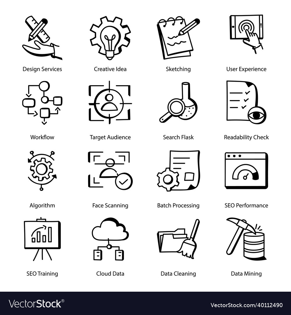 Pack of web and business management doodle icons