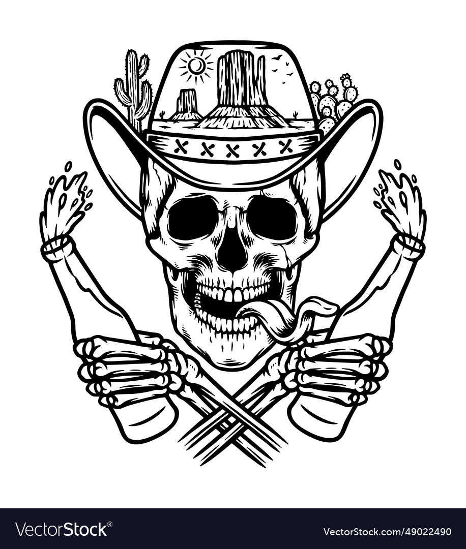 Skull holding beer in desert Royalty Free Vector Image