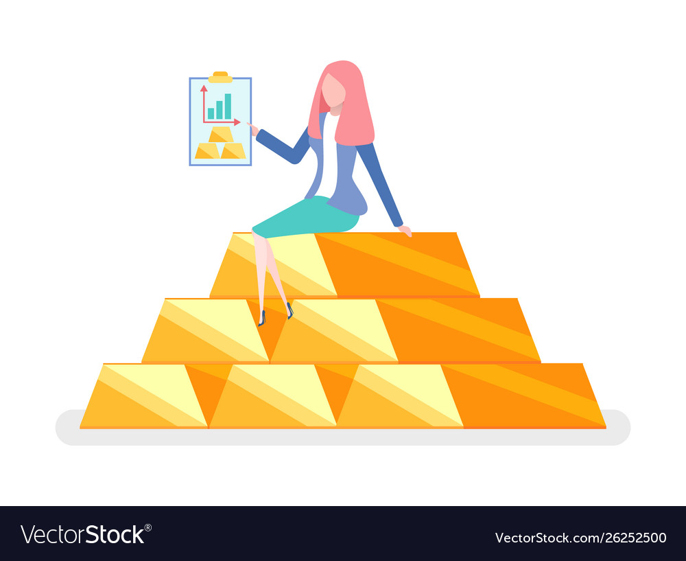 Beste Invest Frau sitzen auf Haufen Gold-Charts Vektorbild