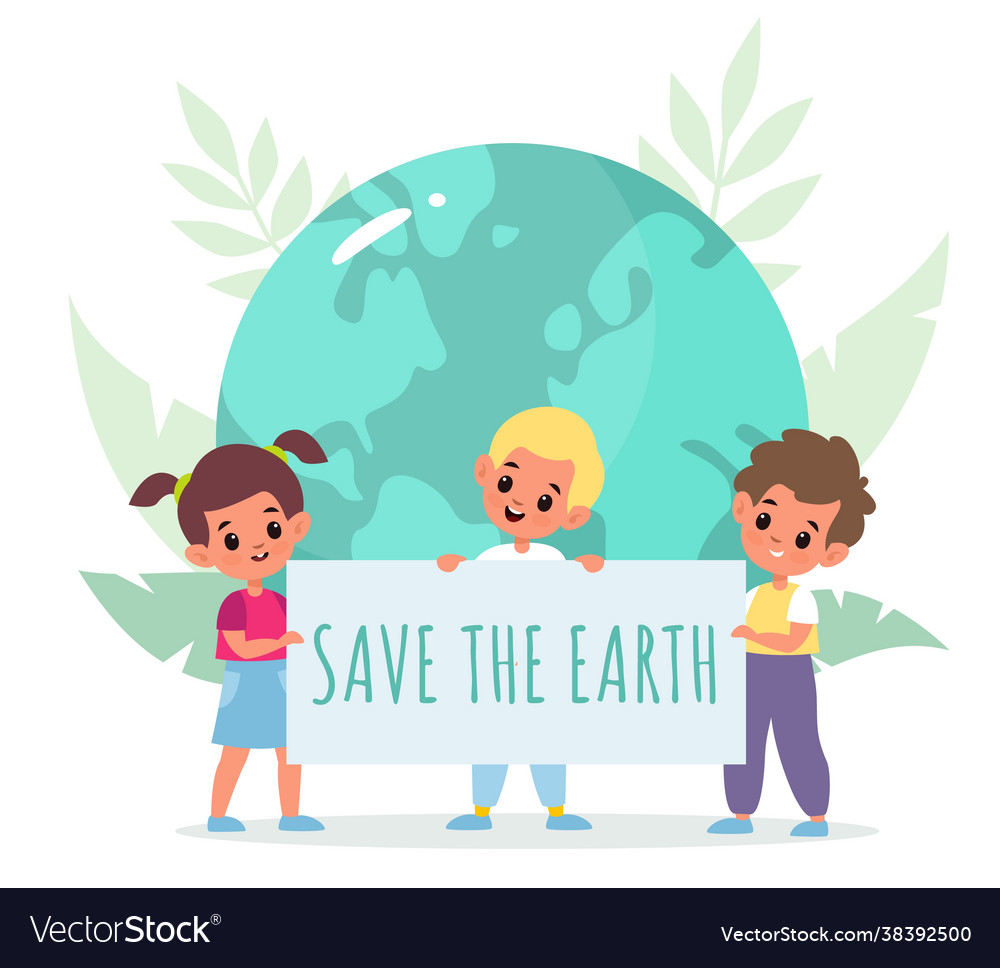 Save planet cartoon kids holding placard boys Vector Image