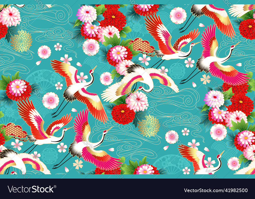 Spring Japanese Background With Fans And Cranes Vector Image