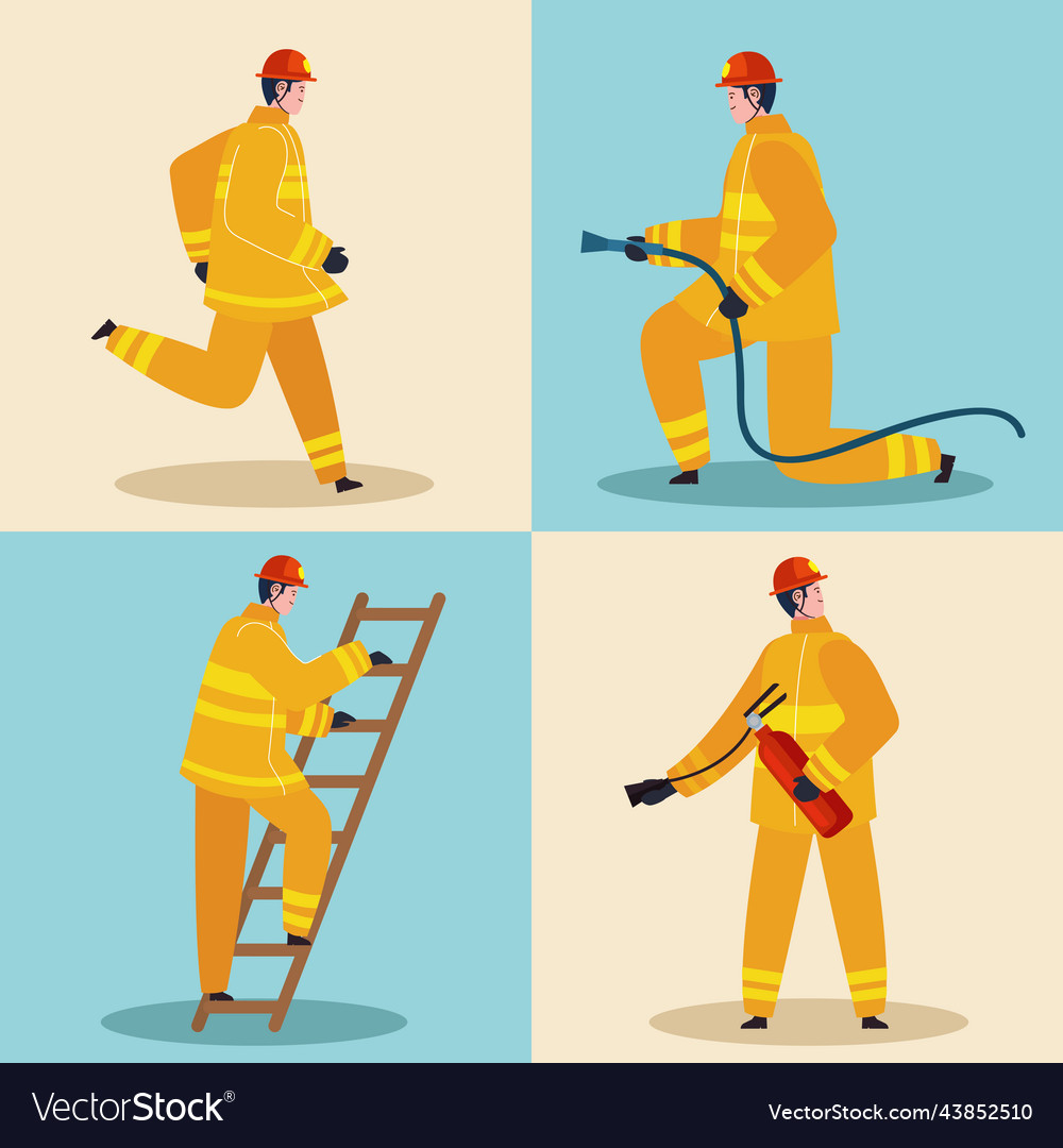 Four firefighters with equipment Royalty Free Vector Image