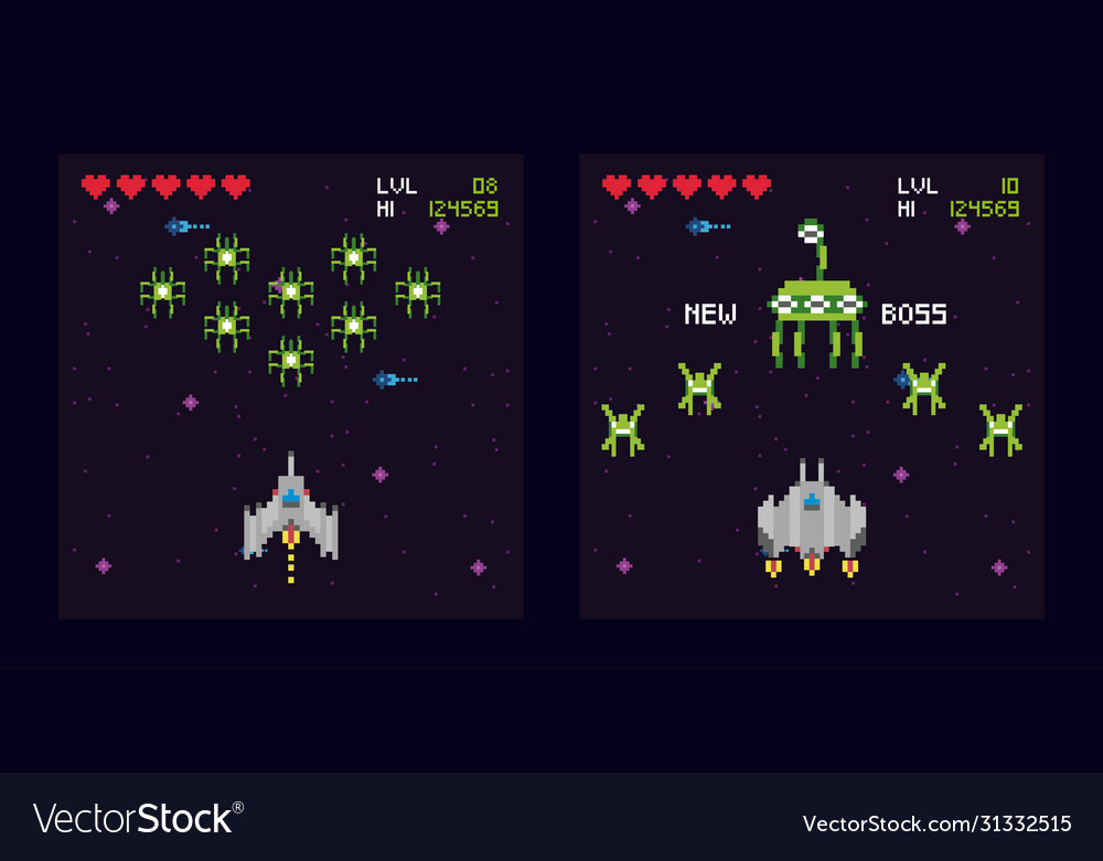 Retro video game space pixelated scenes Royalty Free Vector