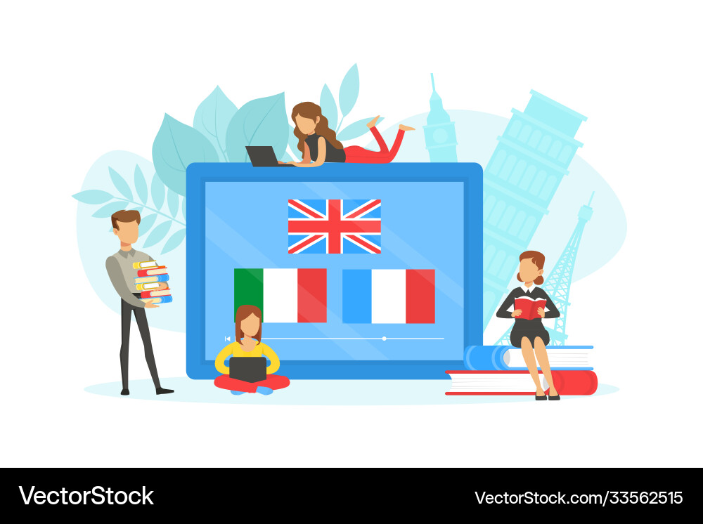 Tiny people learning language over internet Vector Image