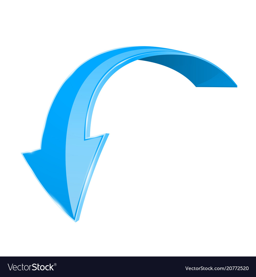 Blue down 3d arrow shiny curved icon isolated on Vector Image