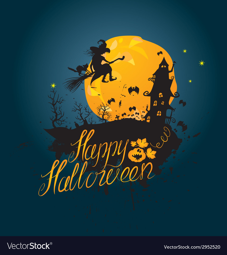 Halloween night silhouette of witch and cat flying