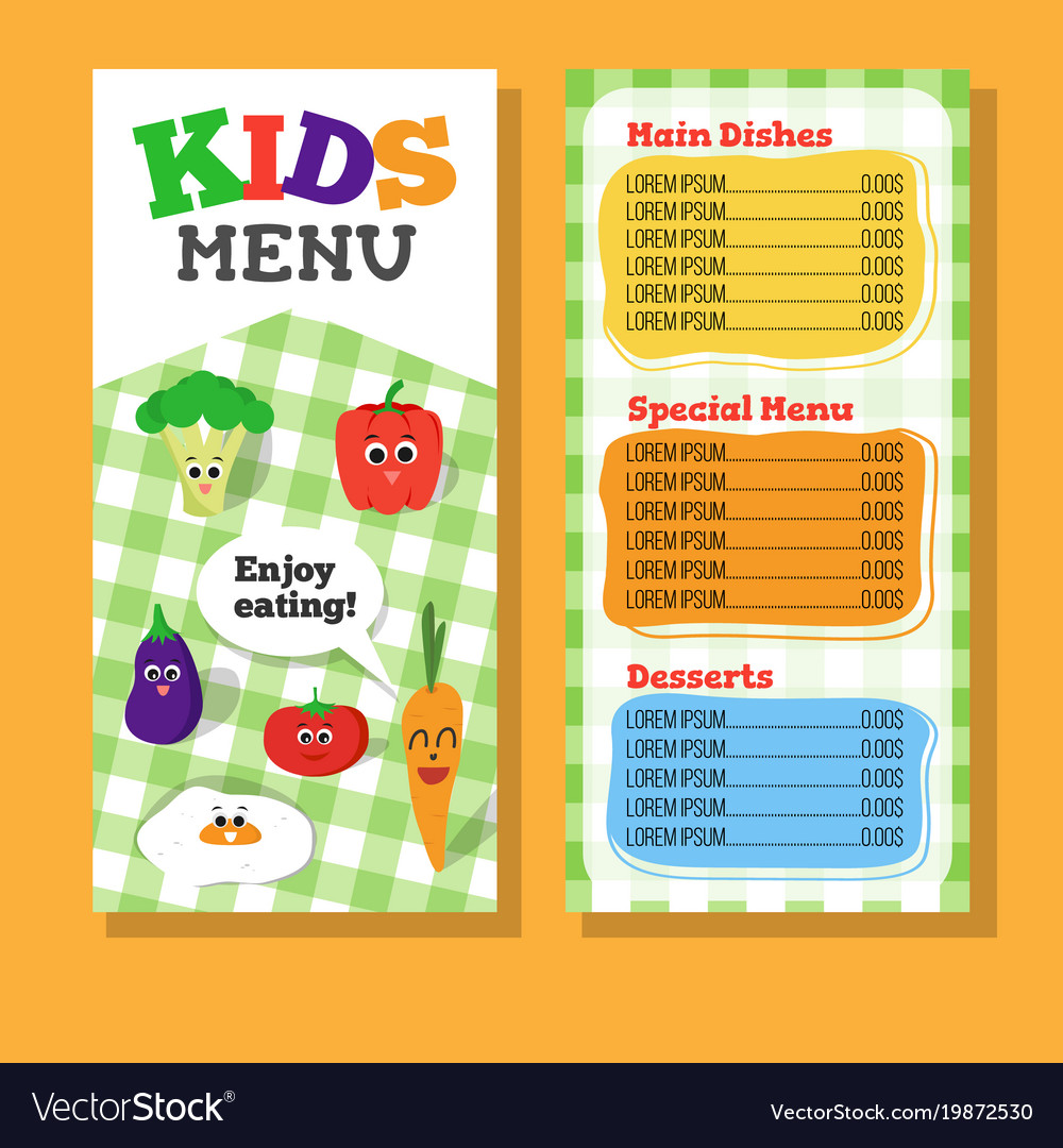 2 pages kids menu design with vegetable Royalty Free Vector