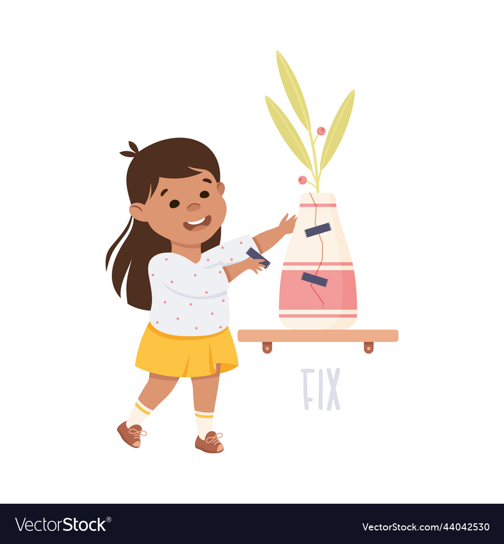 Little Girl Fixing Broken Vase Demonstrating Vector Image