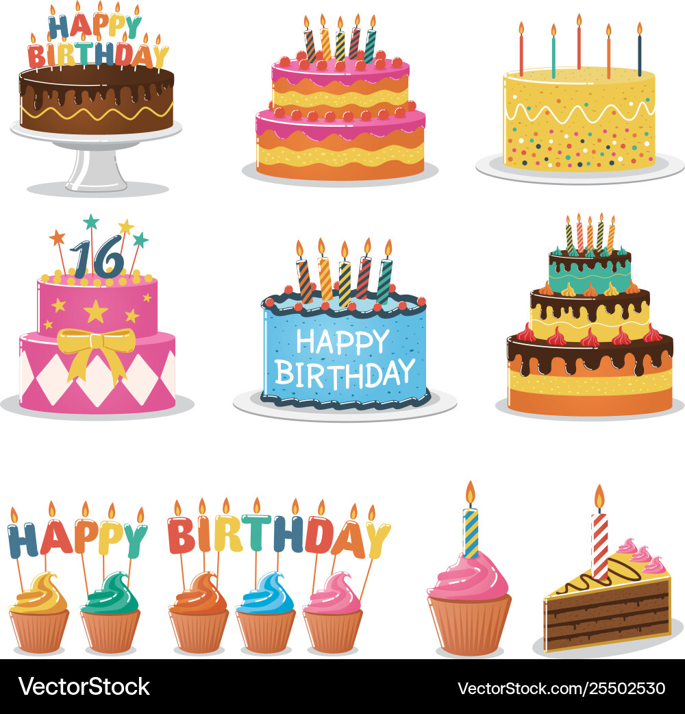 Set birthday cakes and birthday party elements Vector Image