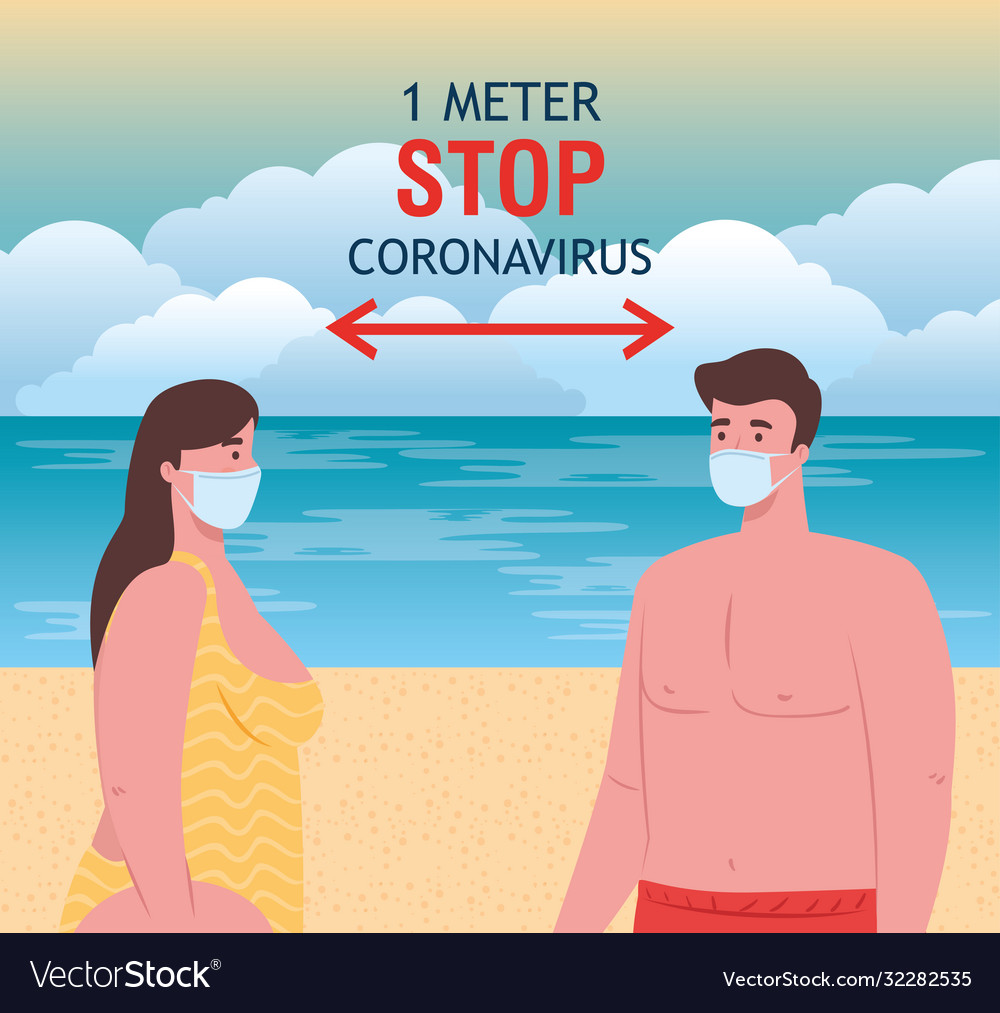 Social distancing on beach couple keep Royalty Free Vector