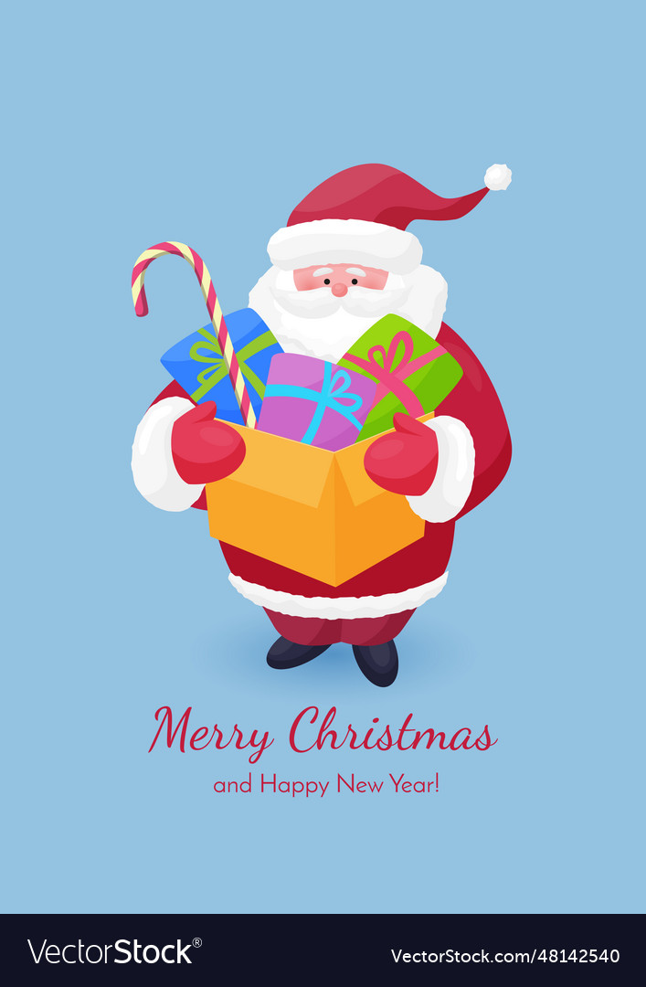 Greeting card of cartoon cute santa claus in red