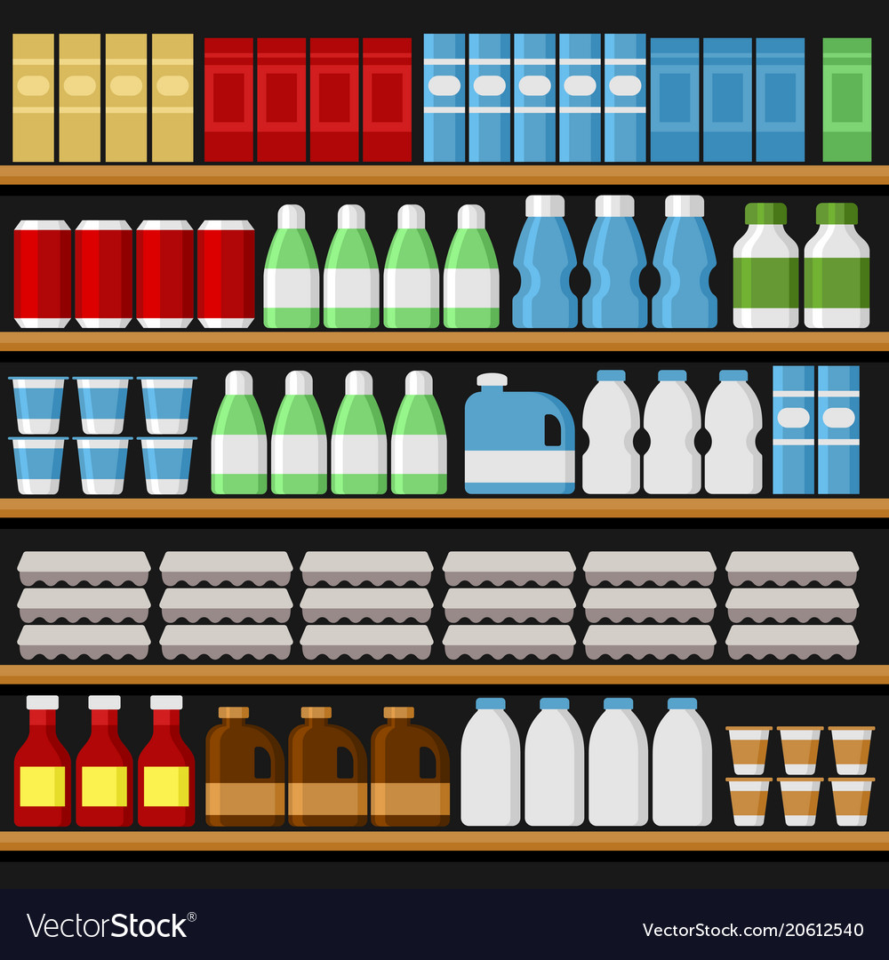 Supermarket shelfs shelves with products Vector Image