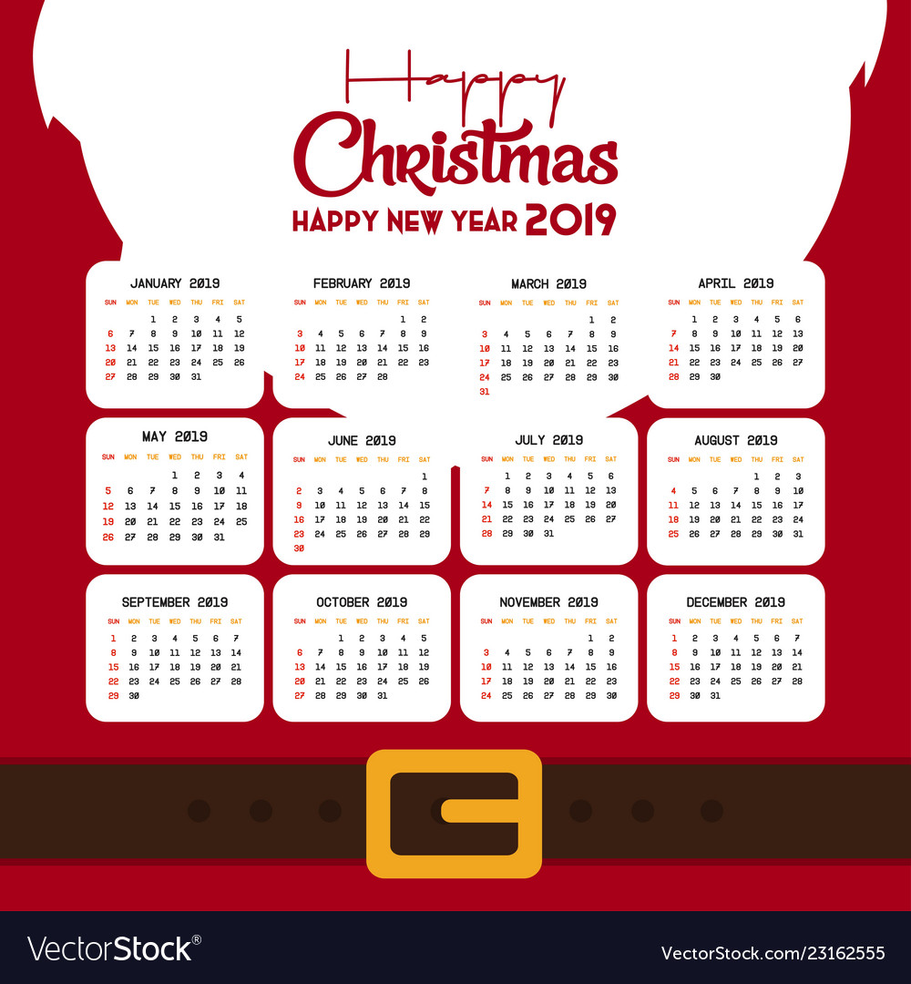 2019 calendar template christmas and happy new vector image christmas calendar template