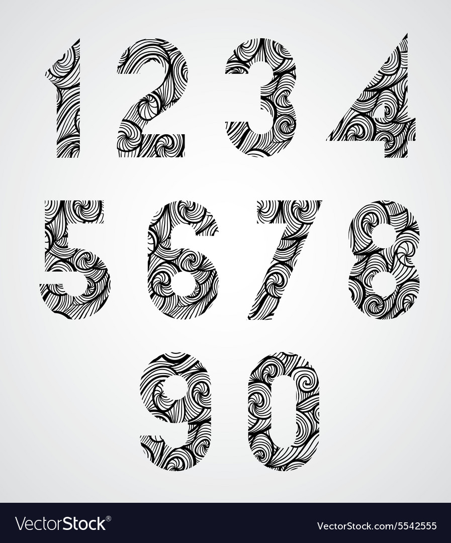 Old style numbers with hand drawn curly lines Vector Image