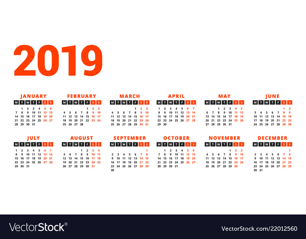 Calendar for 2019 year on white background week