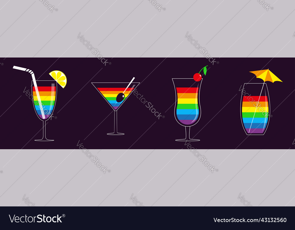 Rainbow cocktail glass set line martini olive vector image Rainbow cocktail glass set line martini olive