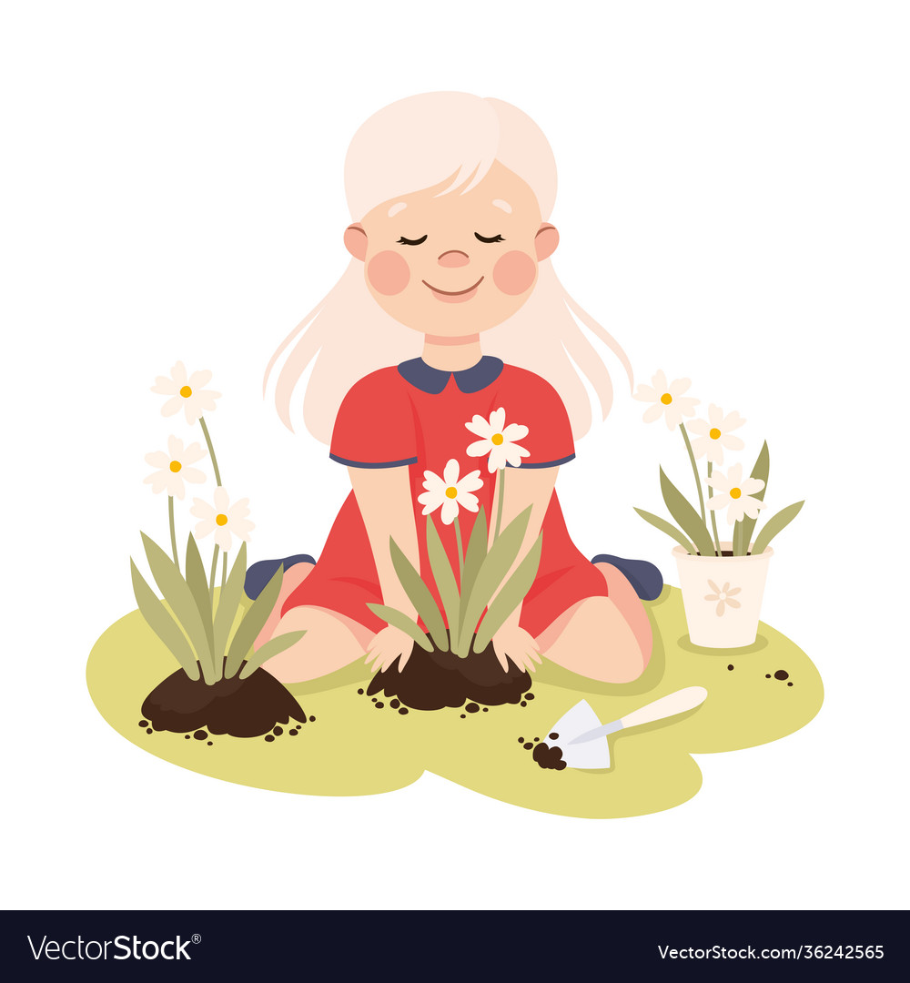 Adorable girl planting flowers save world Vector Image