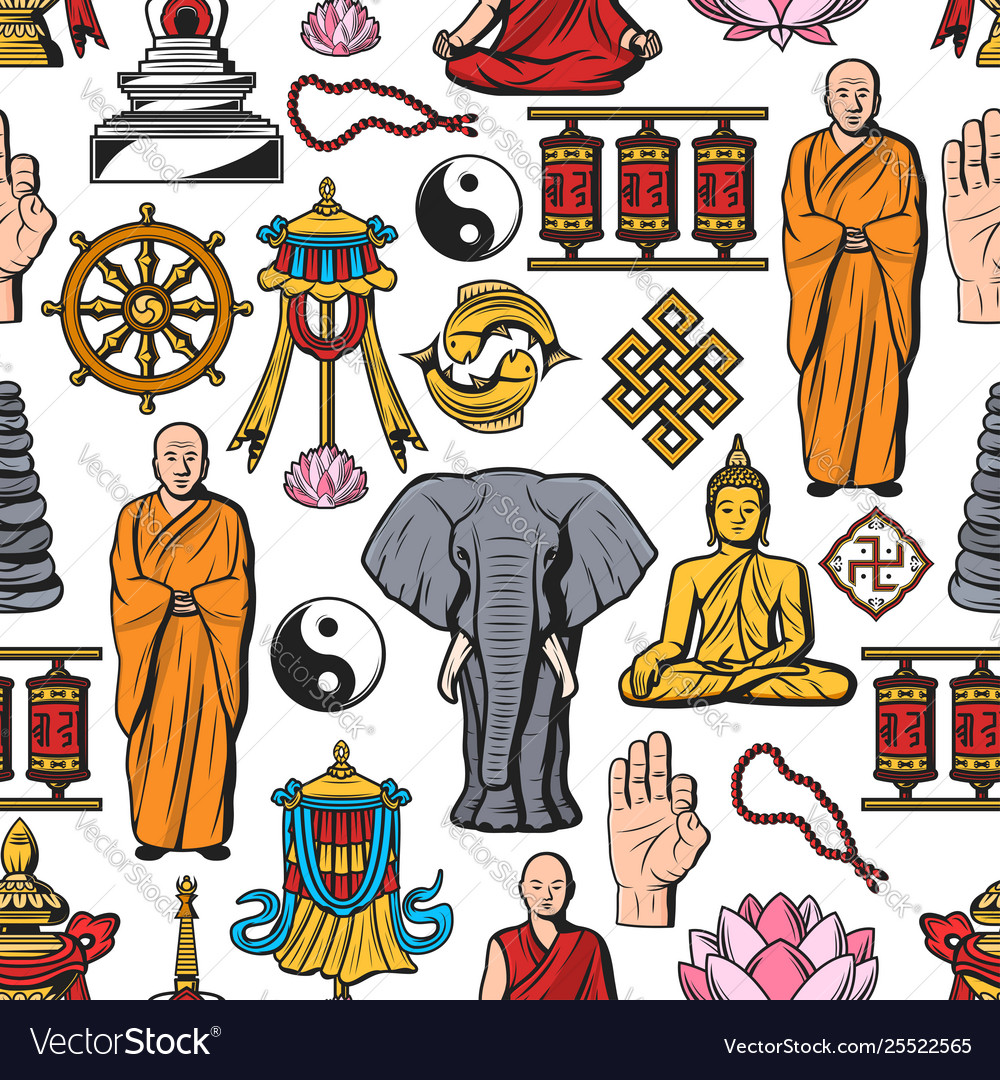 Buddhism religion symbols seamless pattern Vector Image