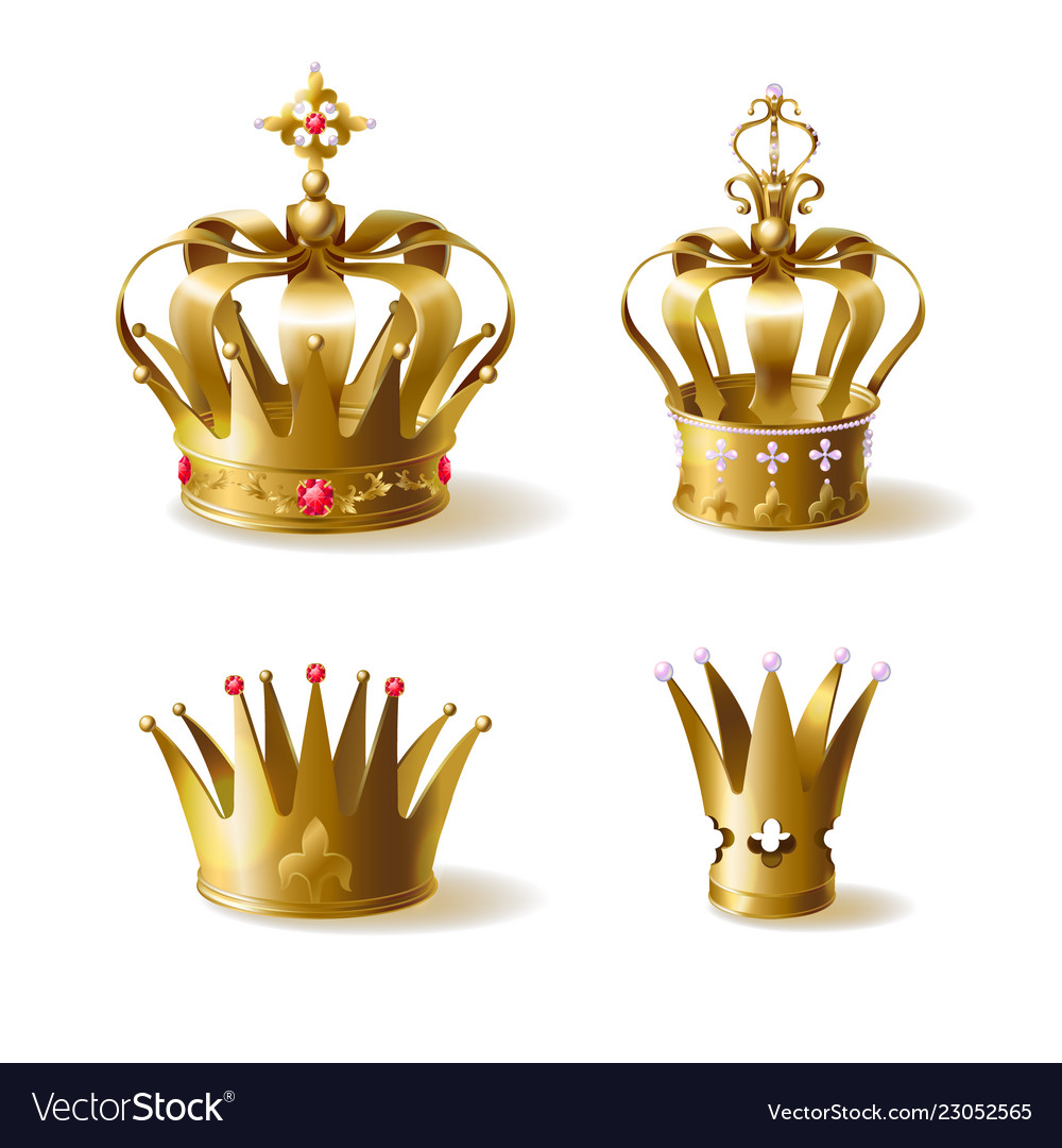 Golden royal crowns 3d realistic set Royalty Free Vector