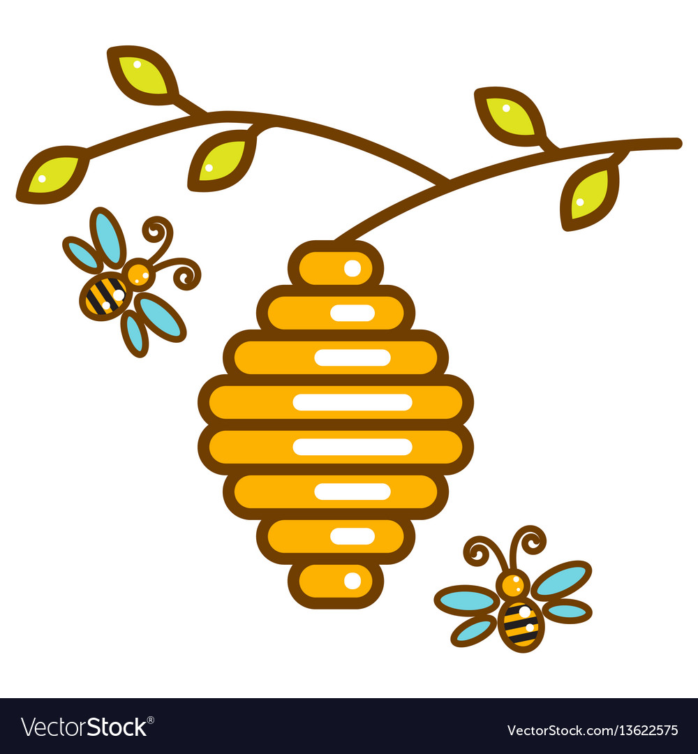 Cute vespiary with bees line isolated icon Vector Image