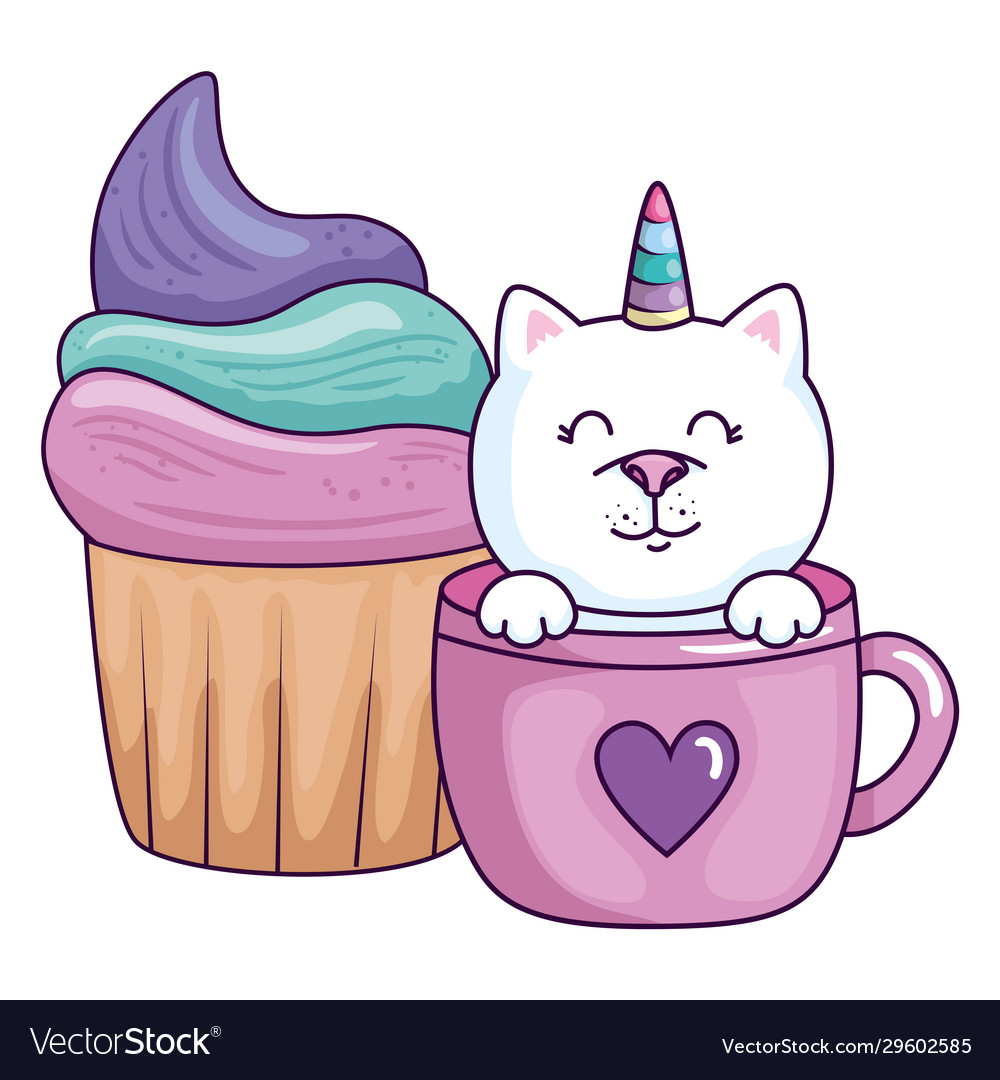 Cute cat unicorn fantasy in cup with cupcake