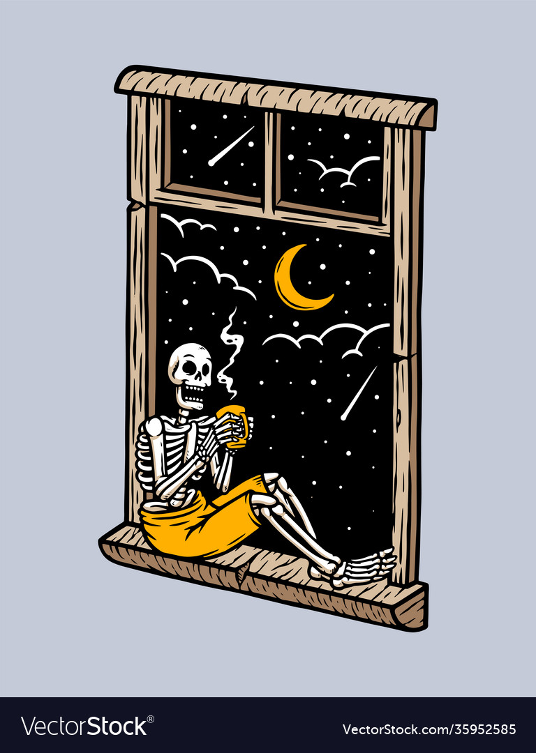 Skull sitting in front window Royalty Free Vector Image
