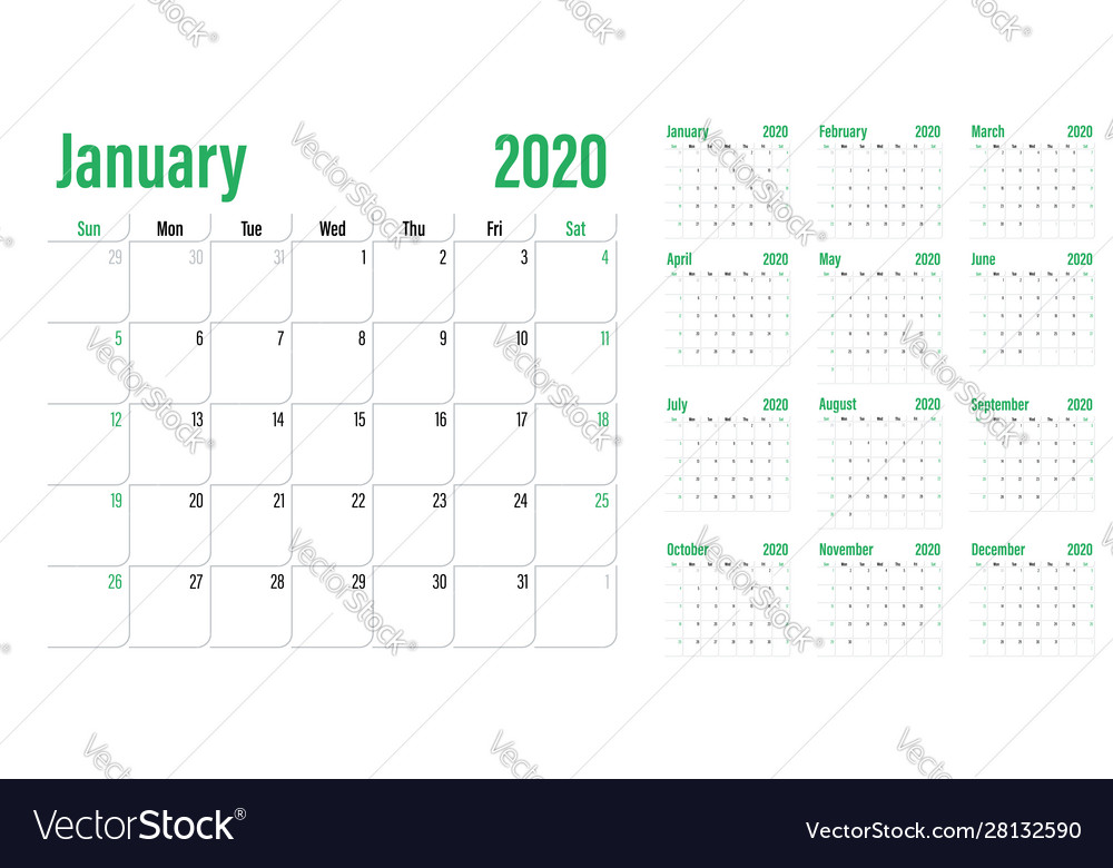 Calendar planner 2020 template Royalty Free Vector Image