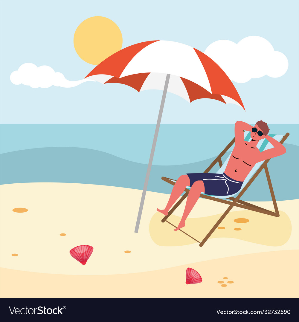 Man wearing swimsuit seated in beach chair Vector Image