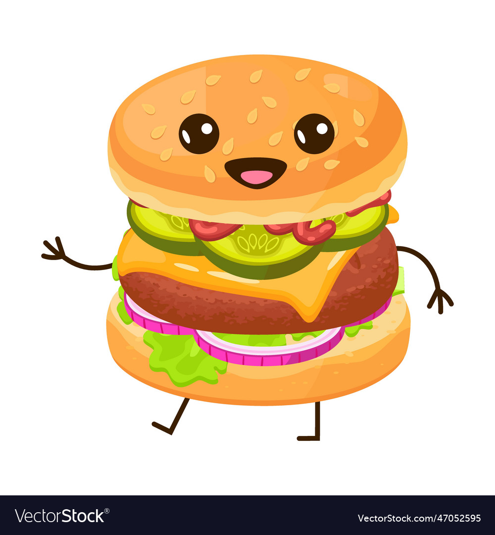 Huge Hamburger Breakfast Food Character With Cute Vector Image