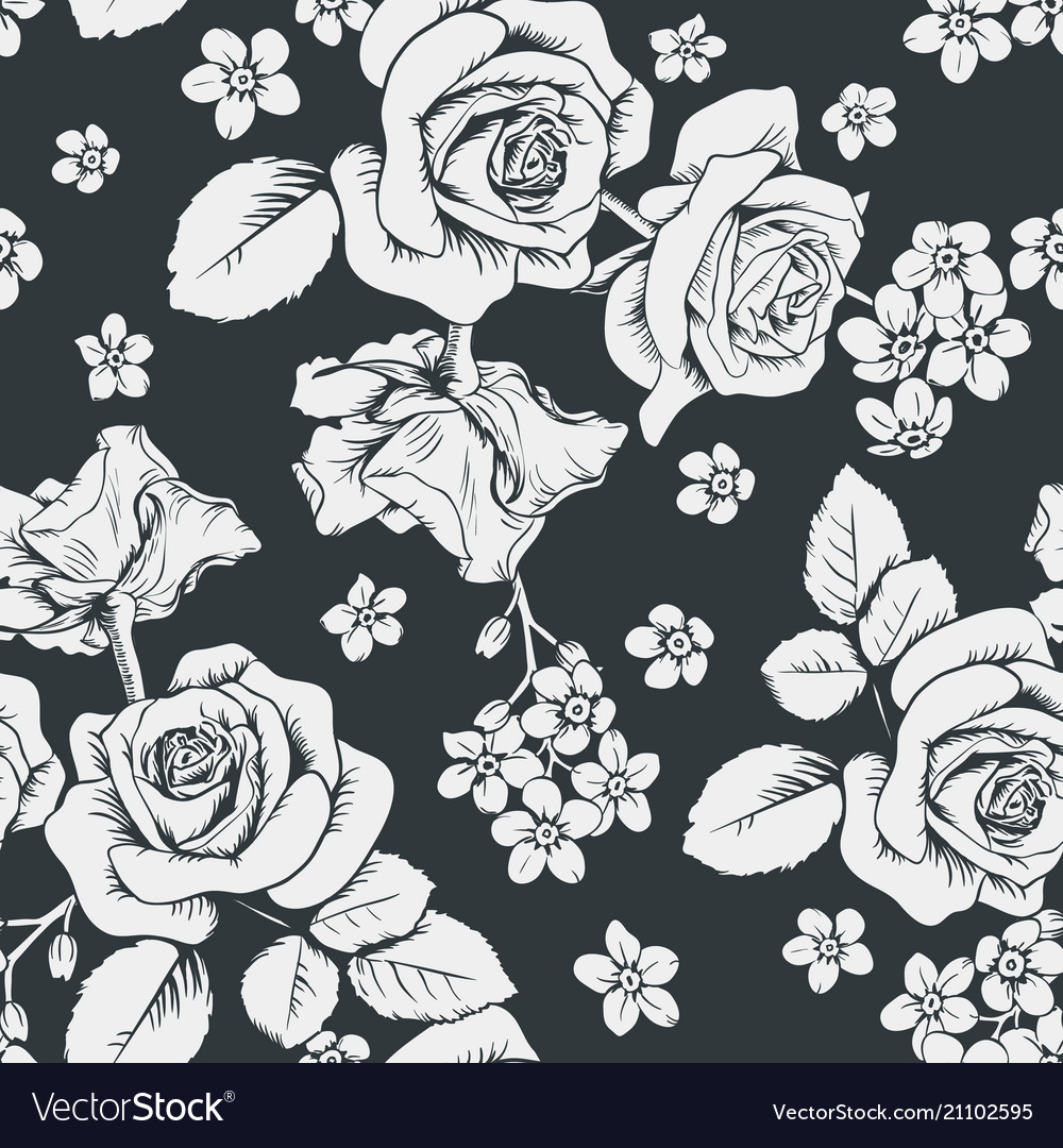 White roses and myosotis flowers on black Vector Image