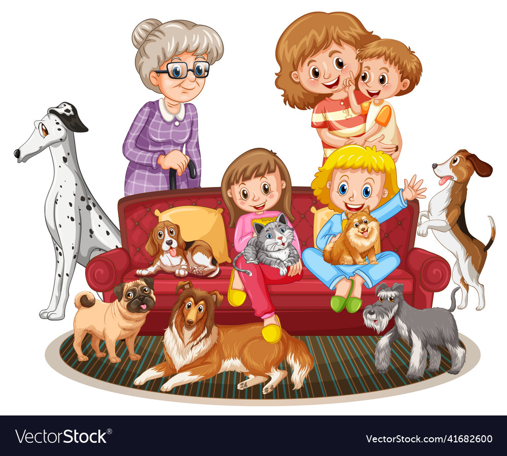 Happy family members with many dogs Royalty Free Vector