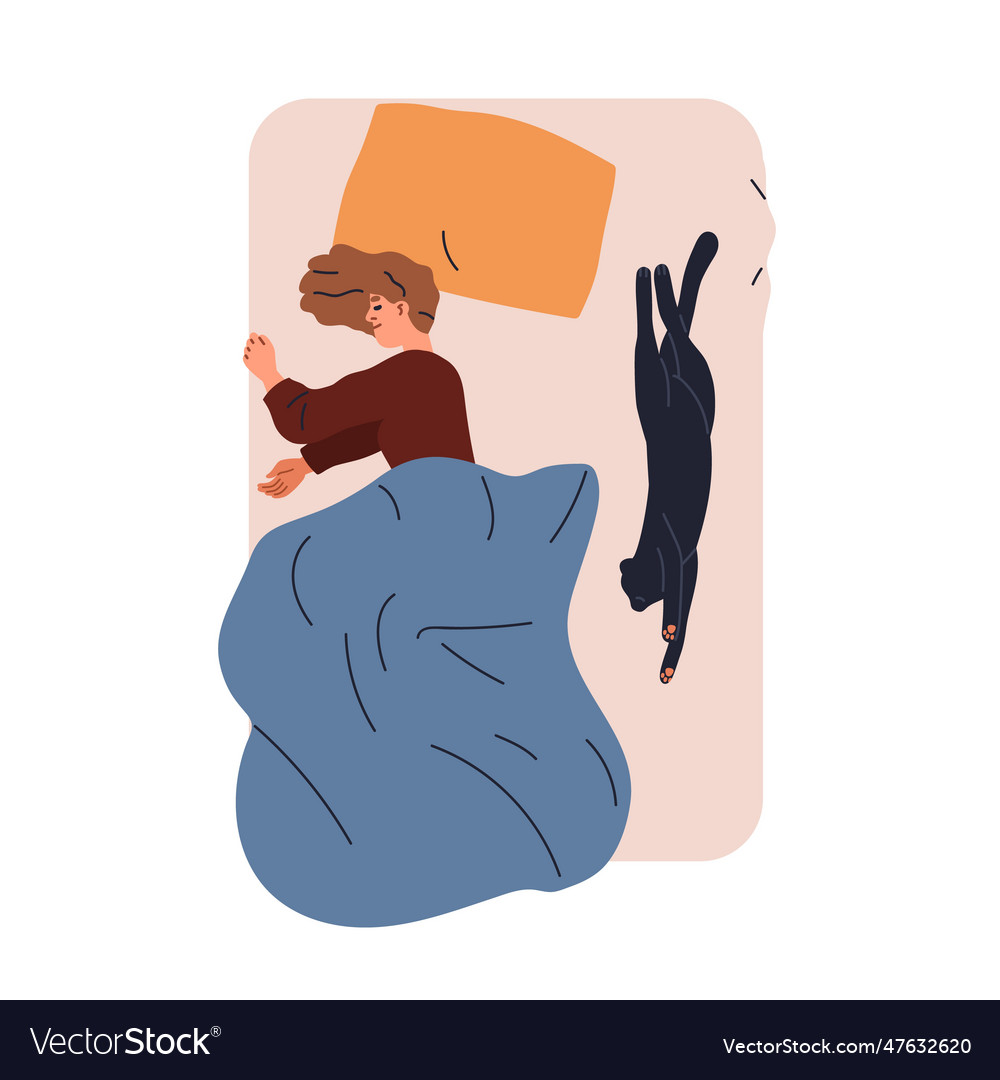 Woman and cat sleeping in bed together top view