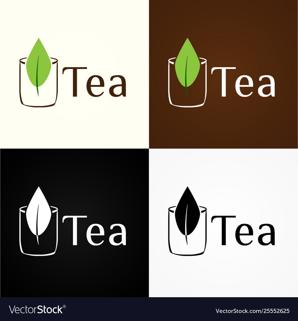 Icon logo glass with tea leaf and word Royalty Free Vector