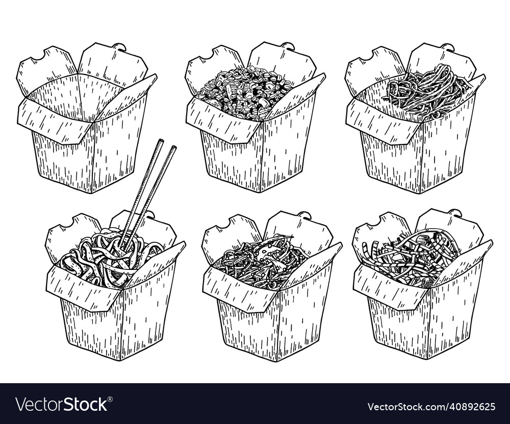 Wok drawing sketch isolated chinese box Royalty Free Vector