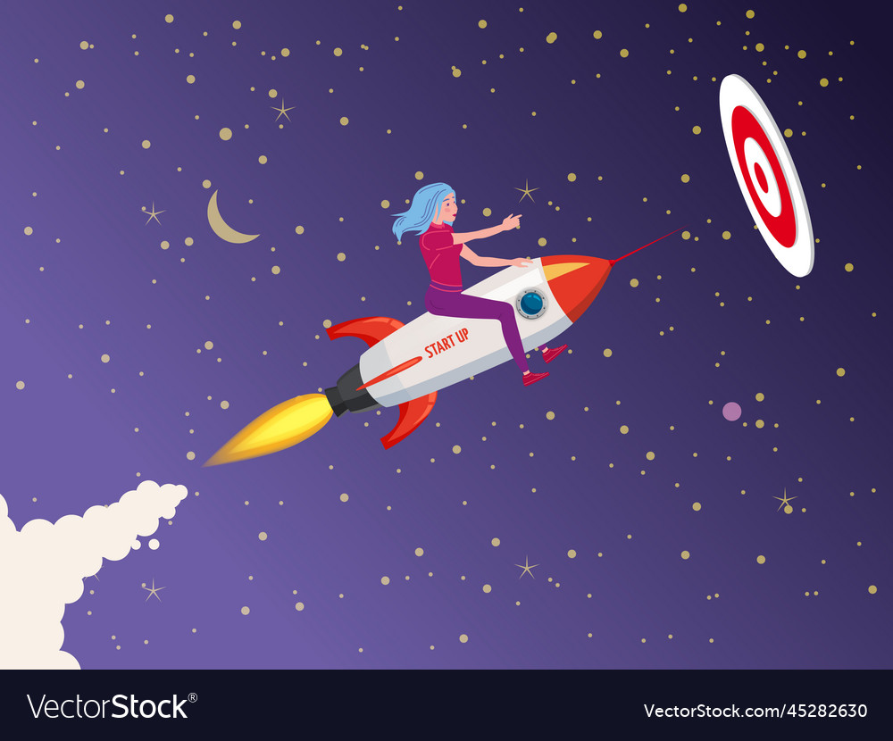 Businesswoman on a rocket fly through sky