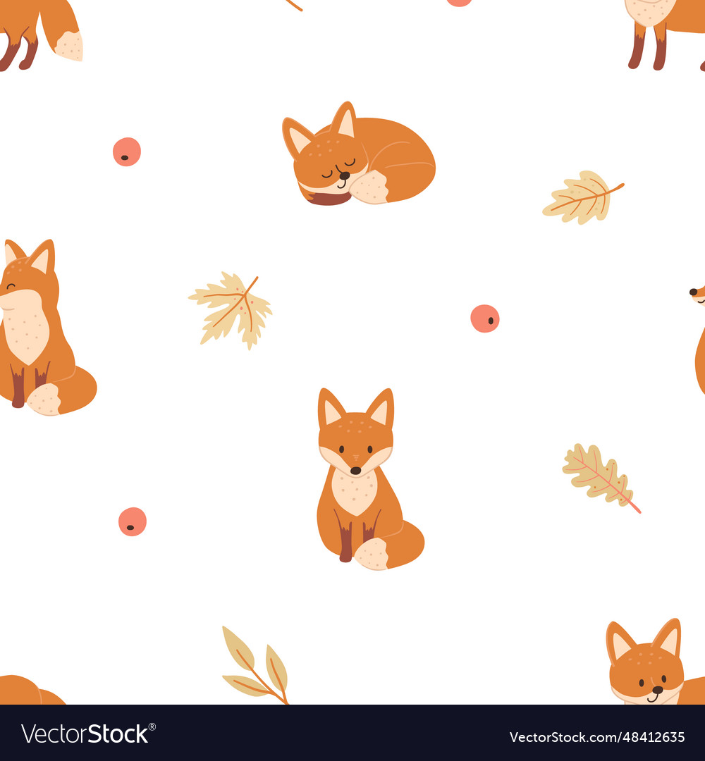 Seamless pattern with foxes autumn plants leaves