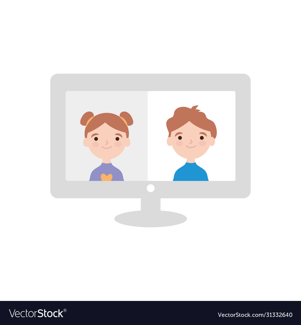 Computer with kids on screen flat style Royalty Free Vector