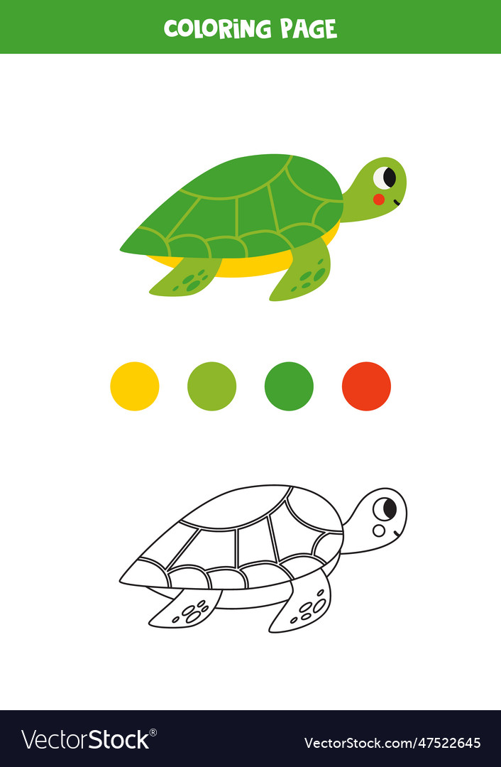 Color cute cartoon green turtle worksheet for kids