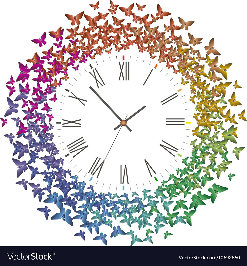 Clock with many multicolored butterflies flying Vector Image