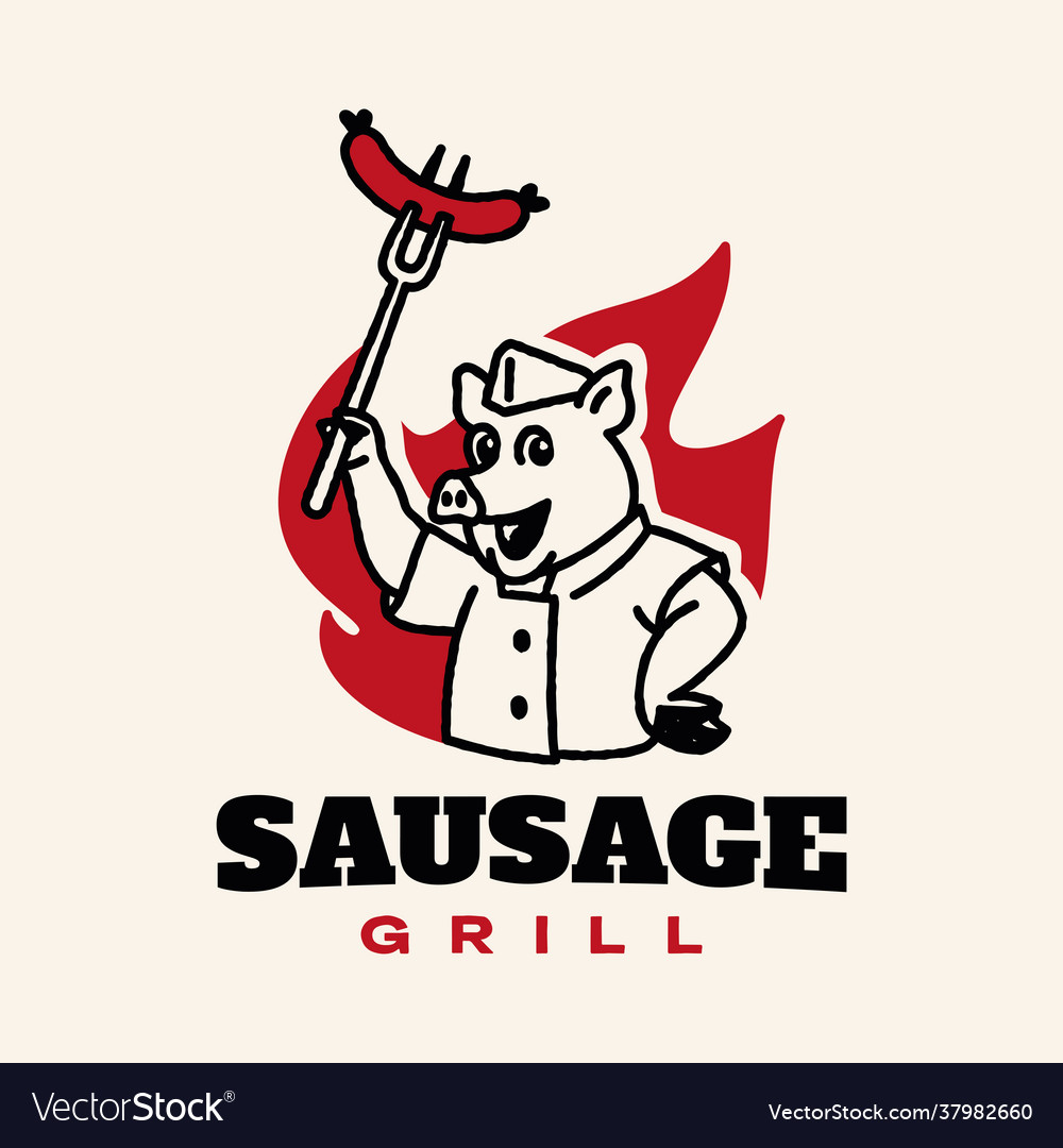 Happy Pig Chef With Grilled Sausage Logo Design Vector Image