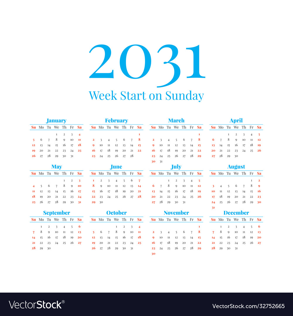 2031 Calendar With Weeks Start On Sunday Vector Image