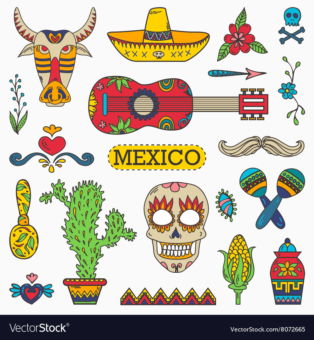 Set Mexican Traditional And Cultural Elements Vector Image
