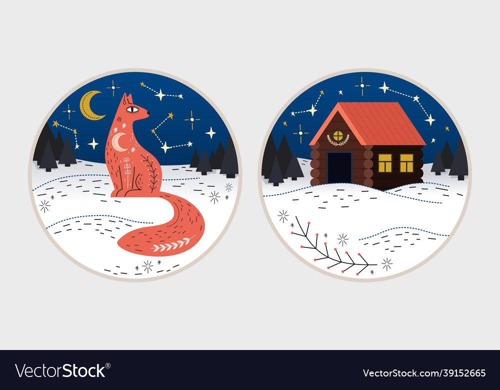 Two folk art style winter scenes