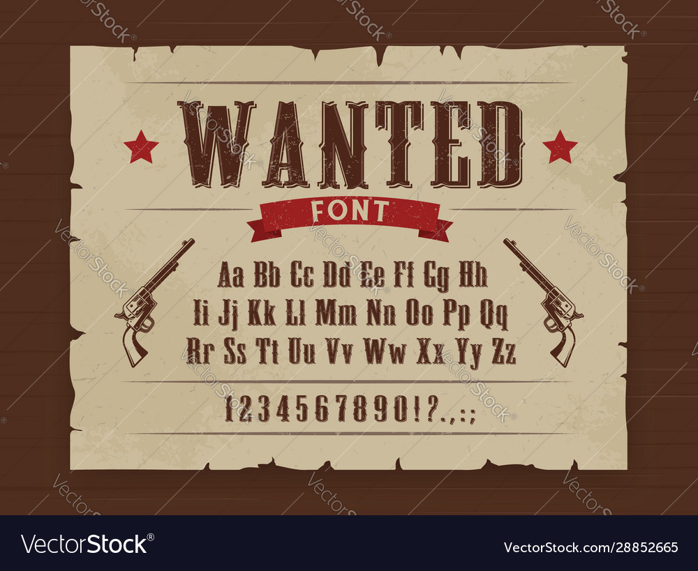 Wild west wanted font poster with letters Vector Image